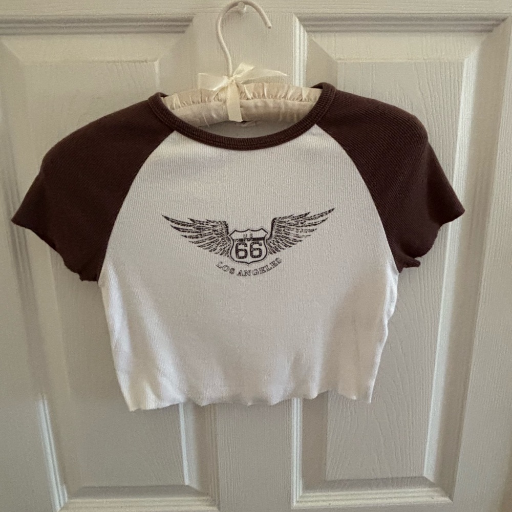 Garage White & Brown Raglan Crop Tee with Route 66 Wing Graphic